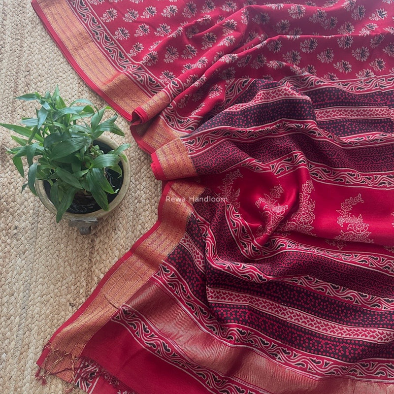 Maheshwari Red Bagh Print Small Border Saree MTBS126