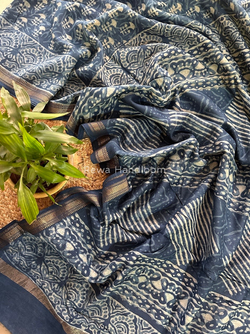 Blue Indigo Cotton Print Saree MIND01