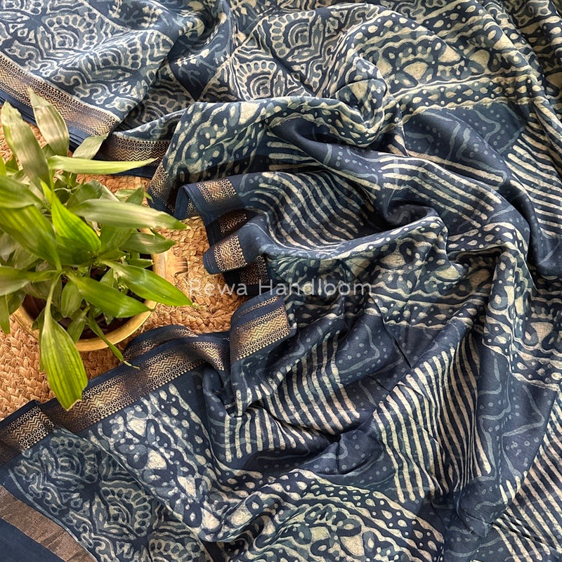 Blue Indigo Cotton Print Saree MIND01