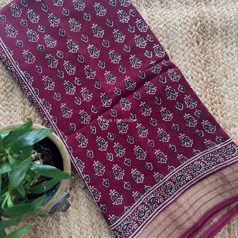 Maheshwari Wine Bagh Print Small Border Saree MTBS129