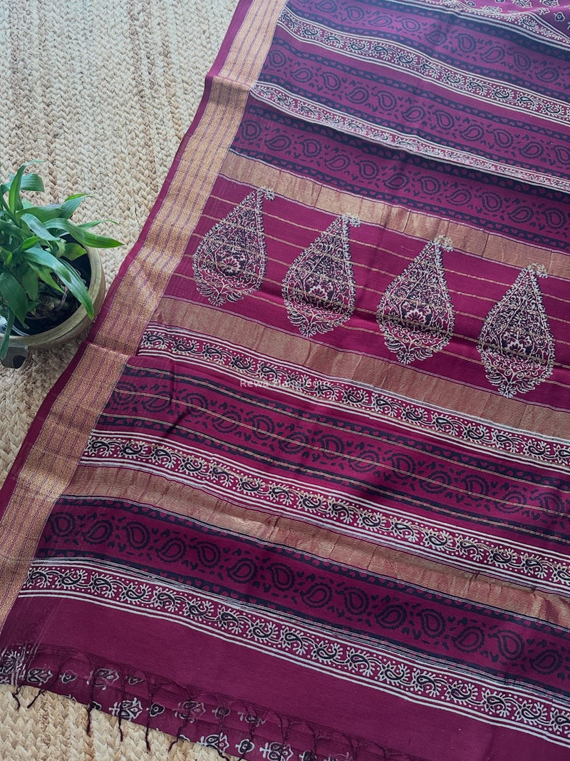 Maheshwari Wine Bagh Print Small Border Saree MTBS129