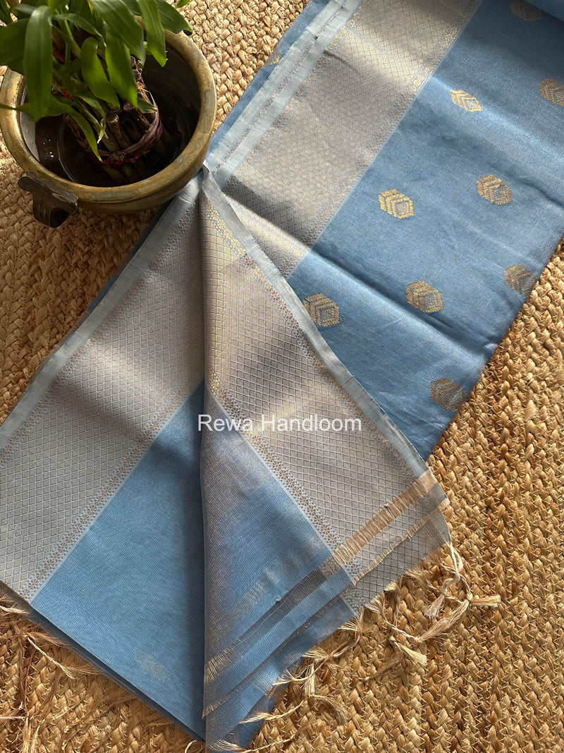 Maheshwari Blue Tissue Silk Saree TFB028