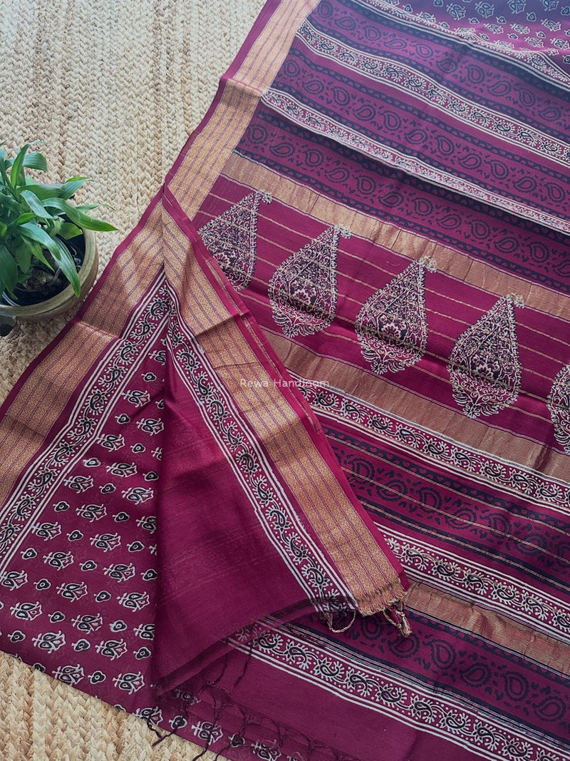 Maheshwari Wine Bagh Print Small Border Saree MTBS129