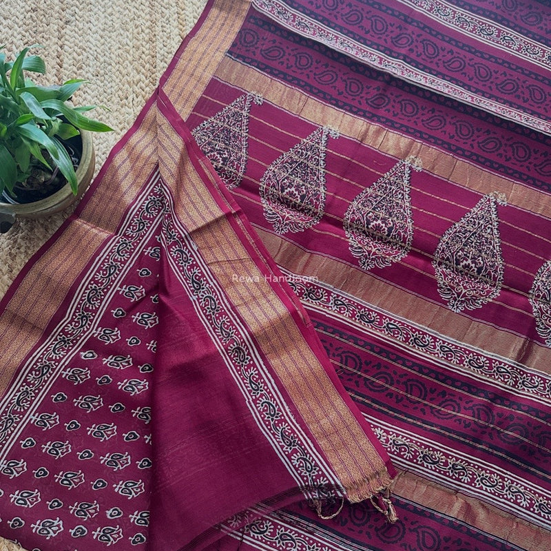 Maheshwari Wine Bagh Print Small Border Saree MTBS129
