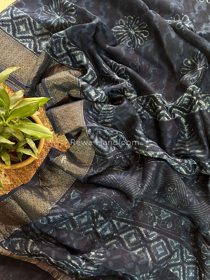 Blue Indigo Cotton Print Saree MIND02