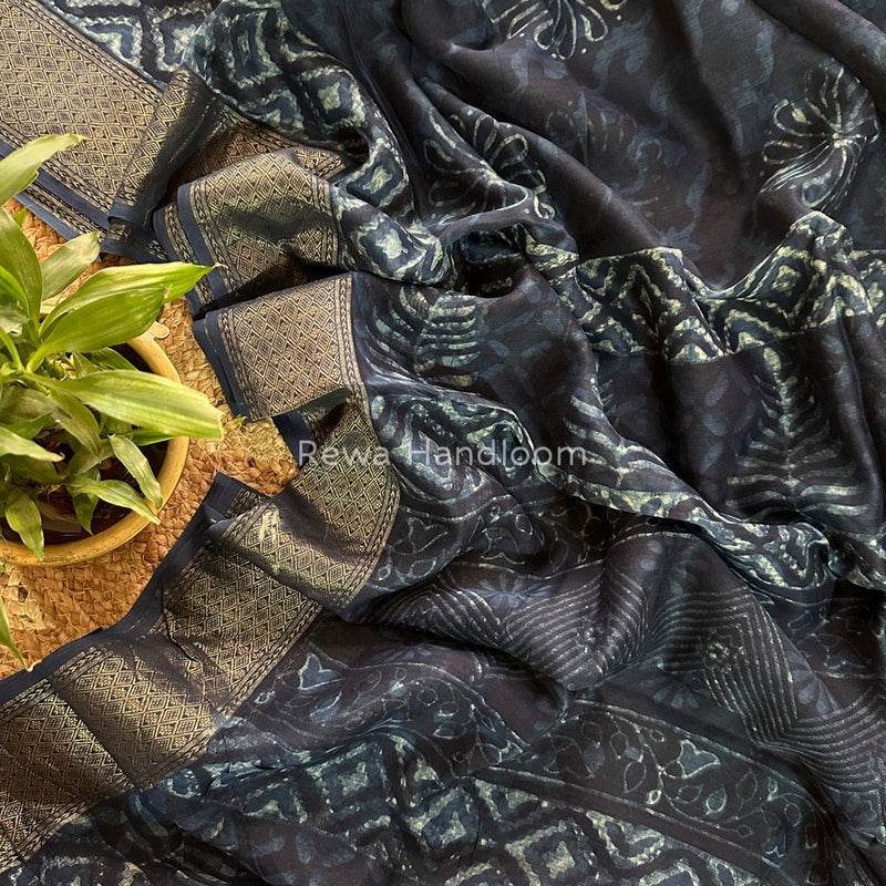 Blue Indigo Cotton Print Saree MIND02