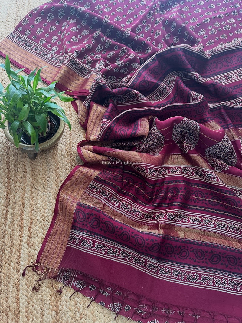Maheshwari Wine Bagh Print Small Border Saree MTBS129