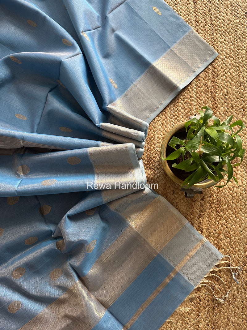 Maheshwari Blue Tissue Silk Saree TFB028