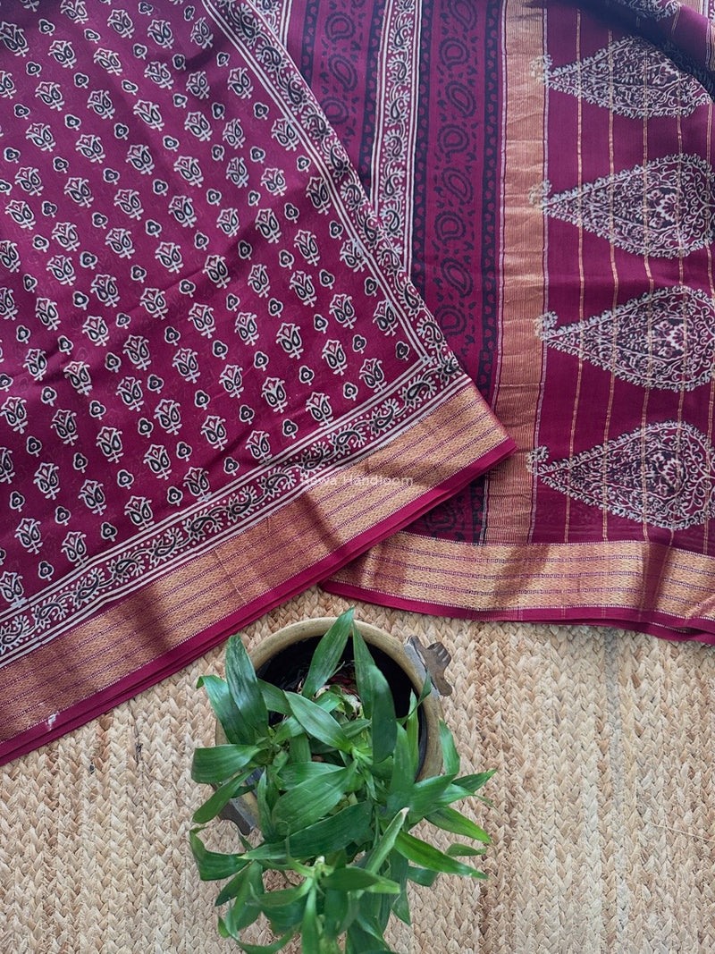 Maheshwari Wine Bagh Print Small Border Saree MTBS129