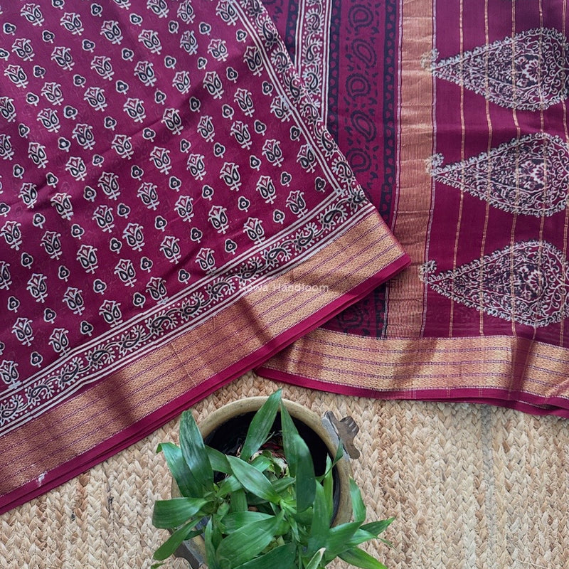 Maheshwari Wine Bagh Print Small Border Saree MTBS129