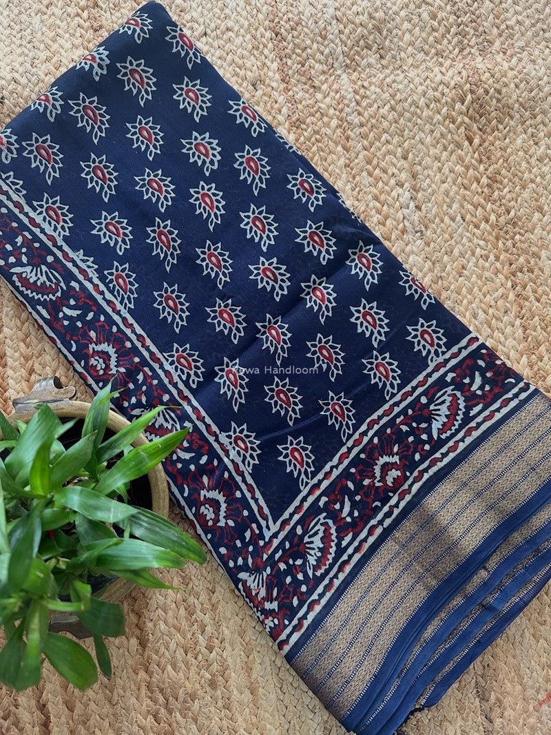 Maheshwari Navy Blue Bagh Print Small Border Saree MTBS125