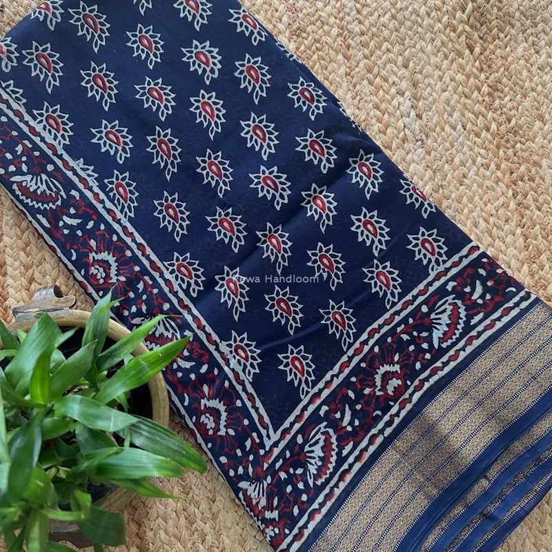 Maheshwari Navy Blue Bagh Print Small Border Saree MTBS125