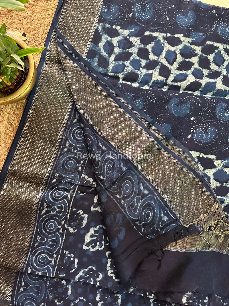 Blue Indigo Cotton Print Saree MIND03