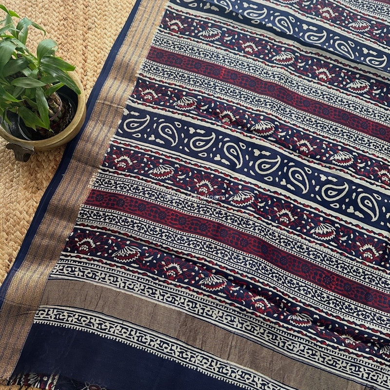 Maheshwari Navy Blue Bagh Print Small Border Saree MTBS125