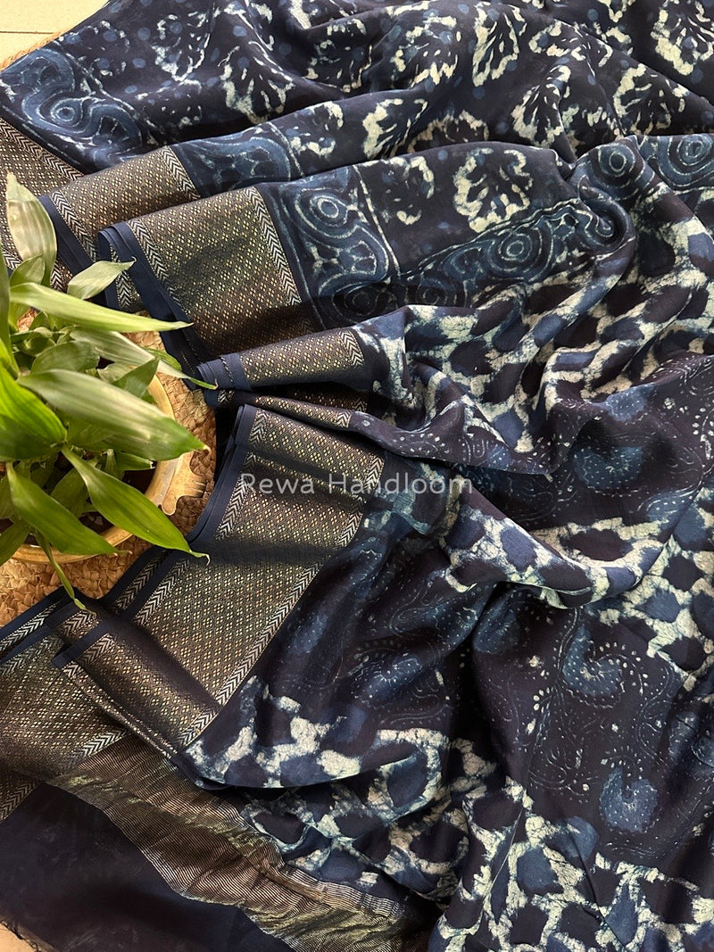 Blue Indigo Cotton Print Saree MIND03