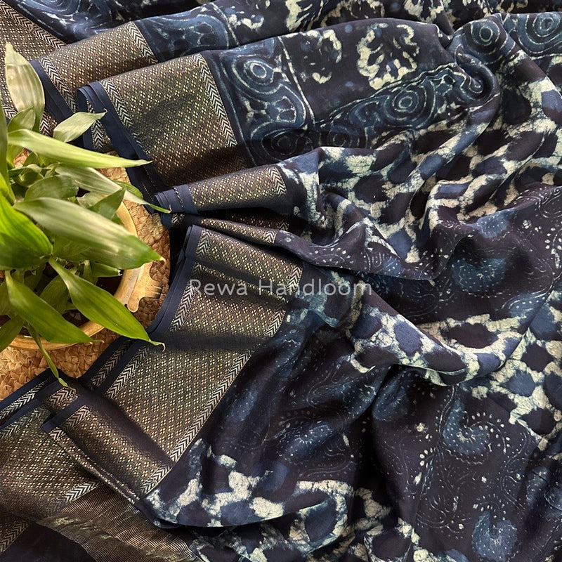 Blue Indigo Cotton Print Saree MIND03