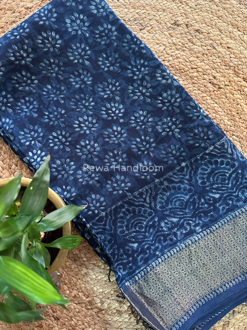 Blue Indigo Cotton Print Saree MIND04