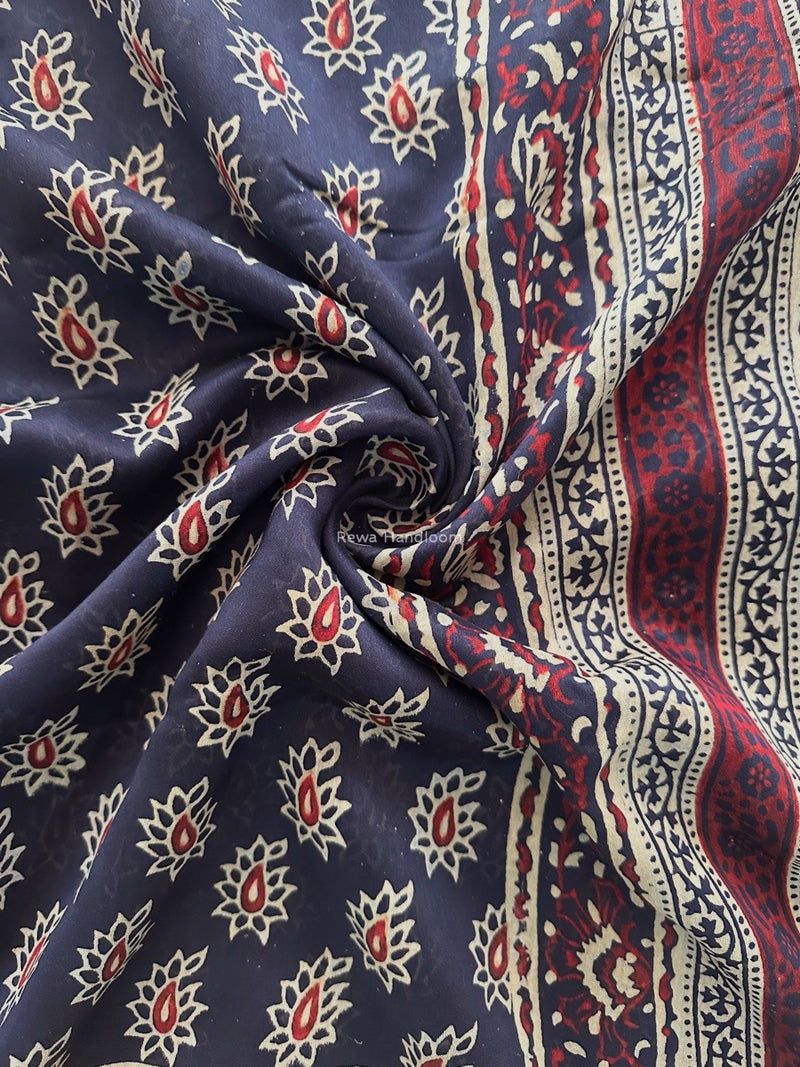 Maheshwari Navy Blue Bagh Print Small Border Saree MTBS125