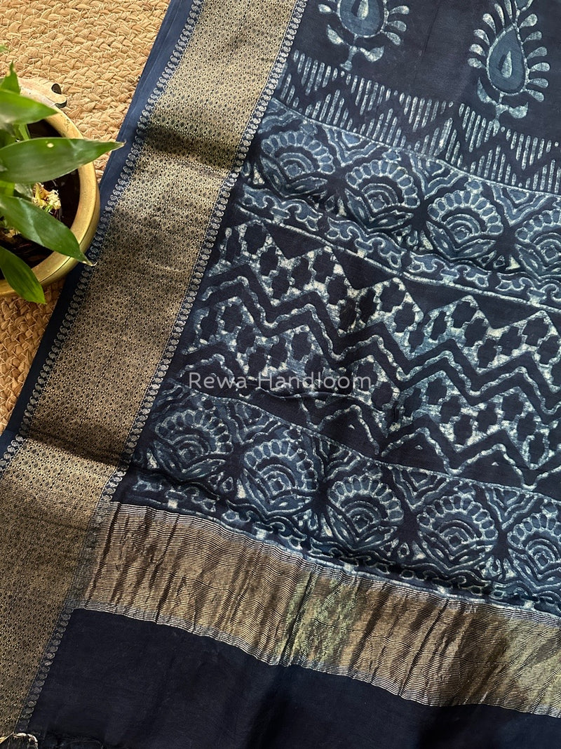 Blue Indigo Cotton Print Saree MIND04