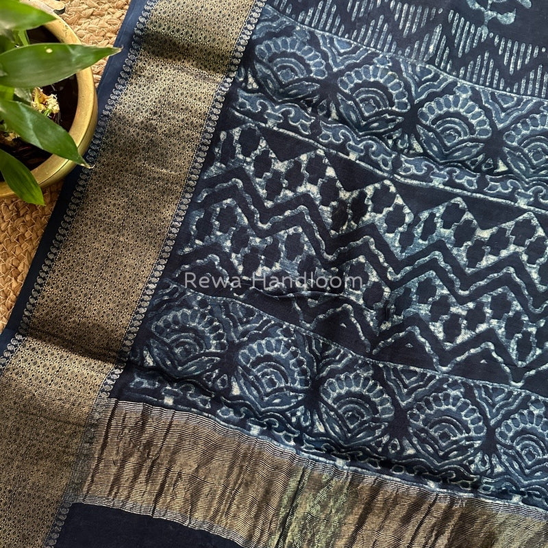 Blue Indigo Cotton Print Saree MIND04