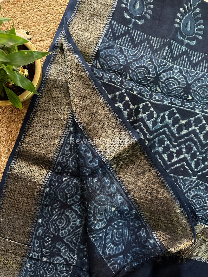 Blue Indigo Cotton Print Saree MIND04