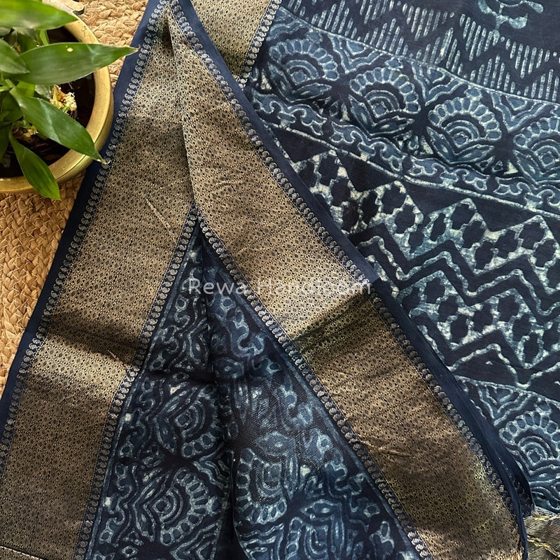 Blue Indigo Cotton Print Saree MIND04
