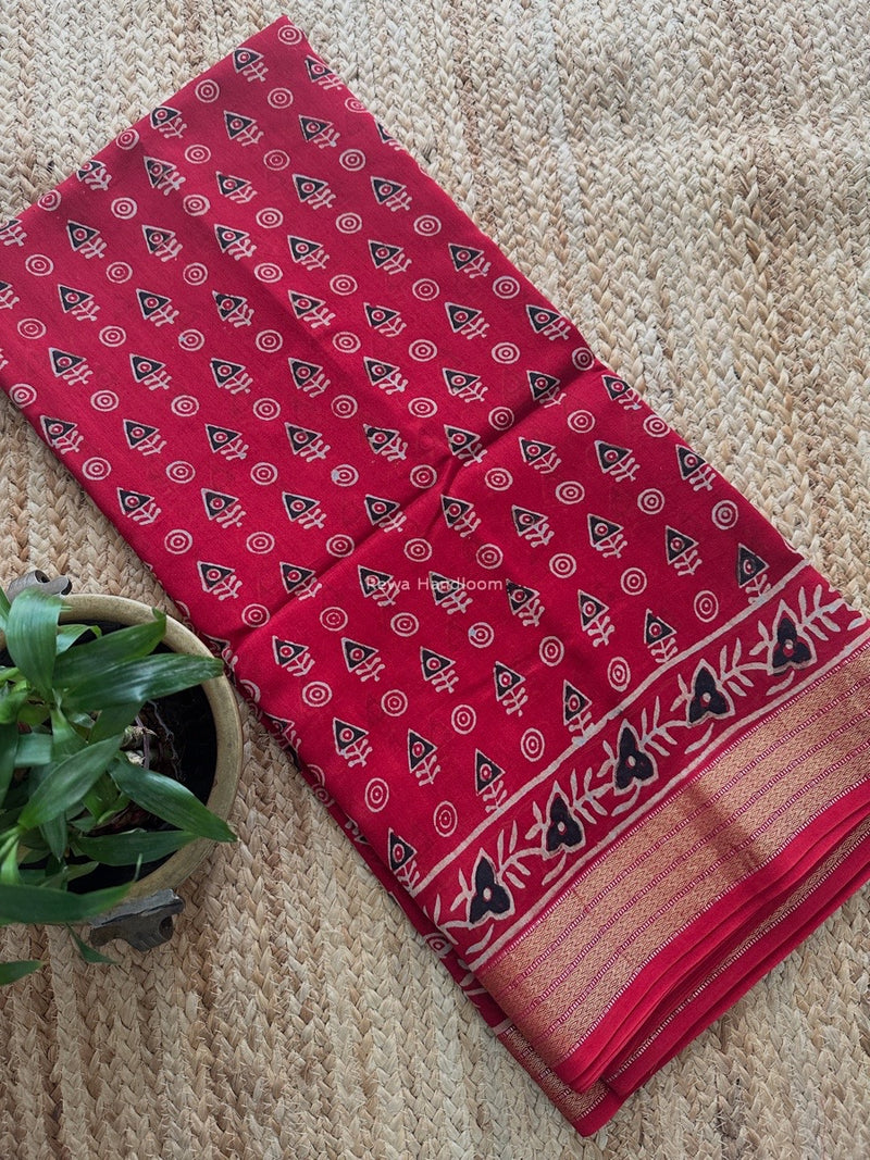 Maheshwari Red Bagh Print Small Border Saree MTBS128