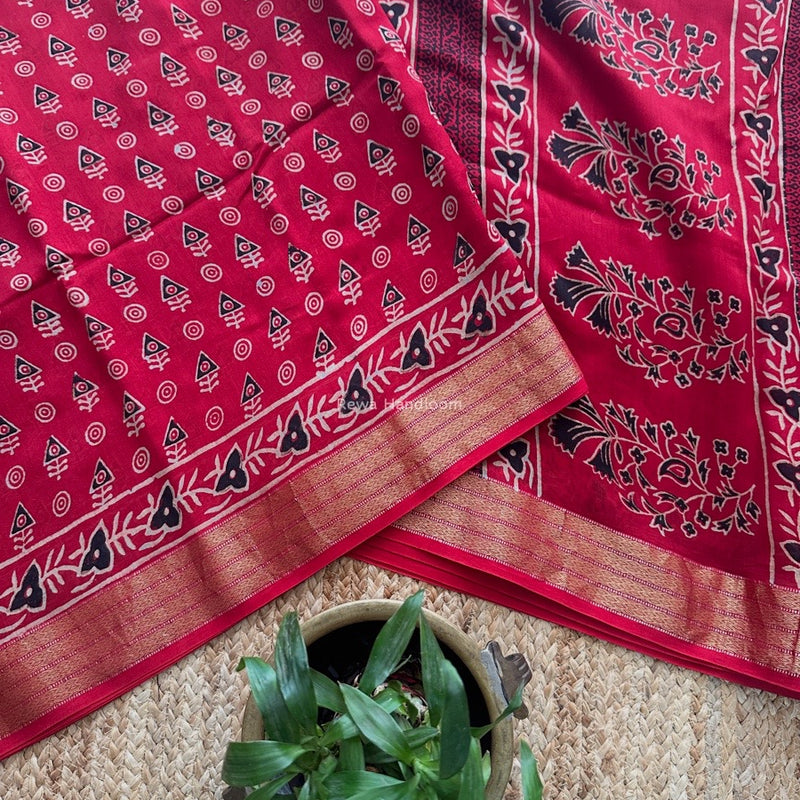 Maheshwari Red Bagh Print Small Border Saree MTBS128