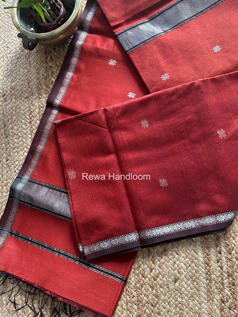 Maheshwari Rust Silver Butti Saree BSS011
