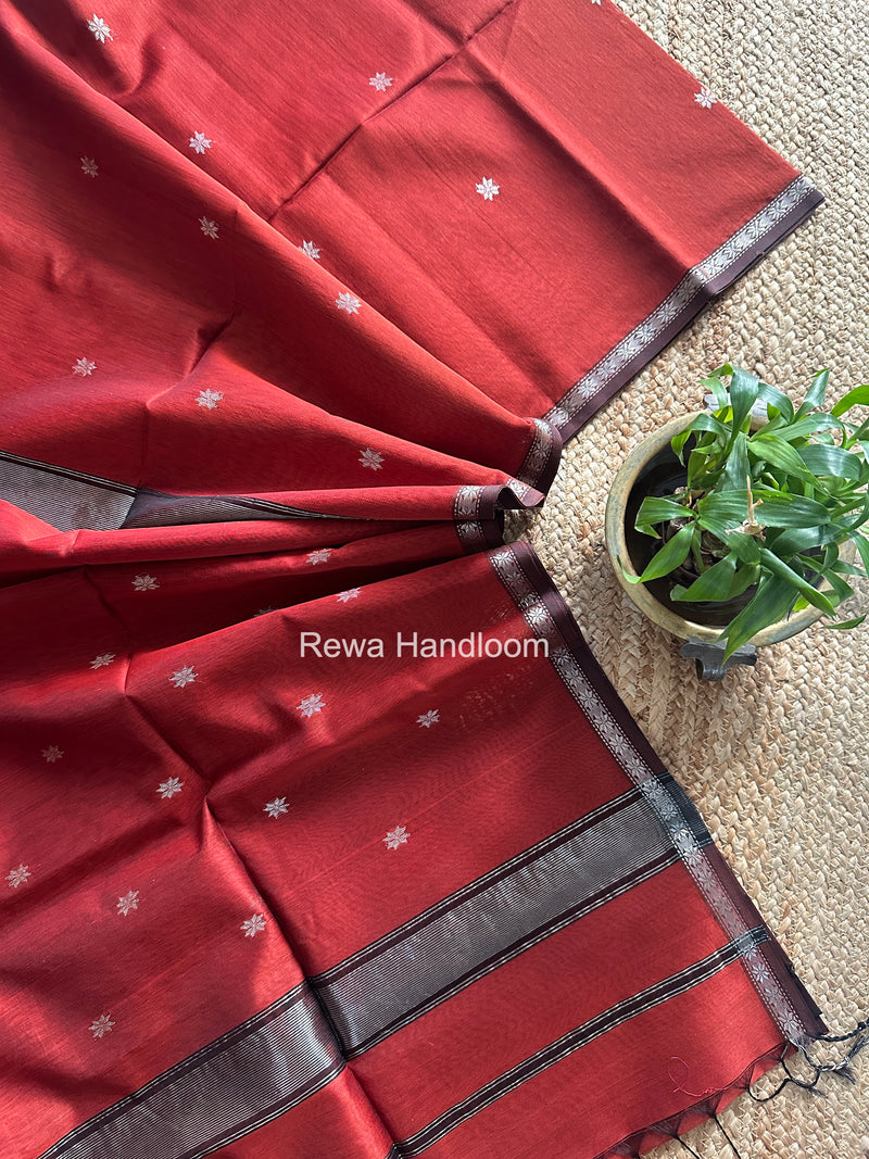 Maheshwari Rust Silver Butti Saree BSS011