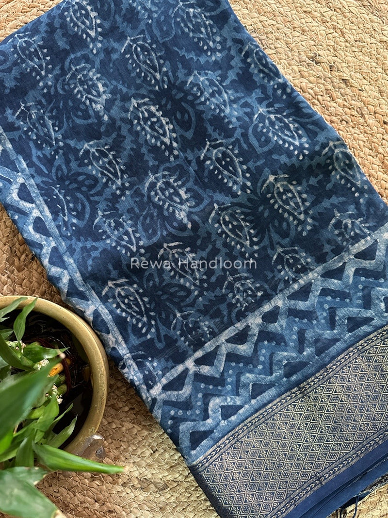 Blue Indigo Cotton Print Saree MIND07