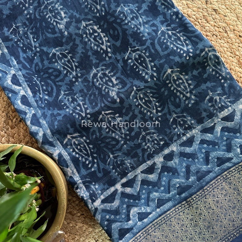 Blue Indigo Cotton Print Saree MIND07