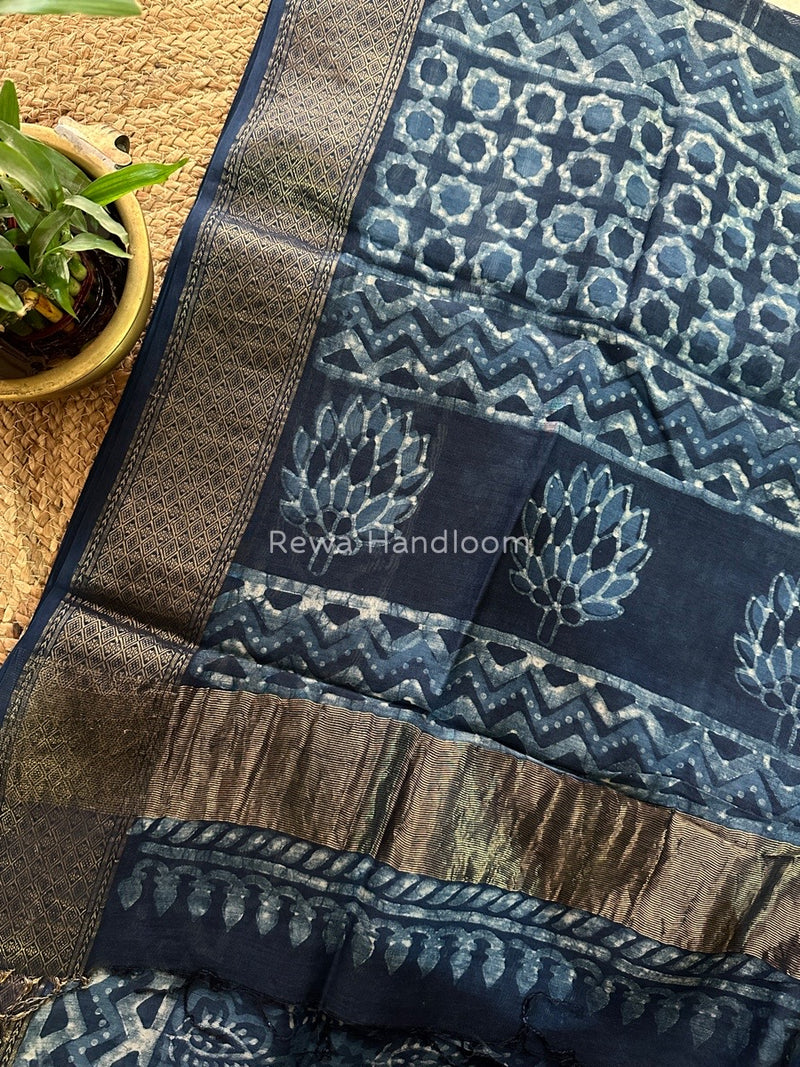 Blue Indigo Cotton Print Saree MIND07