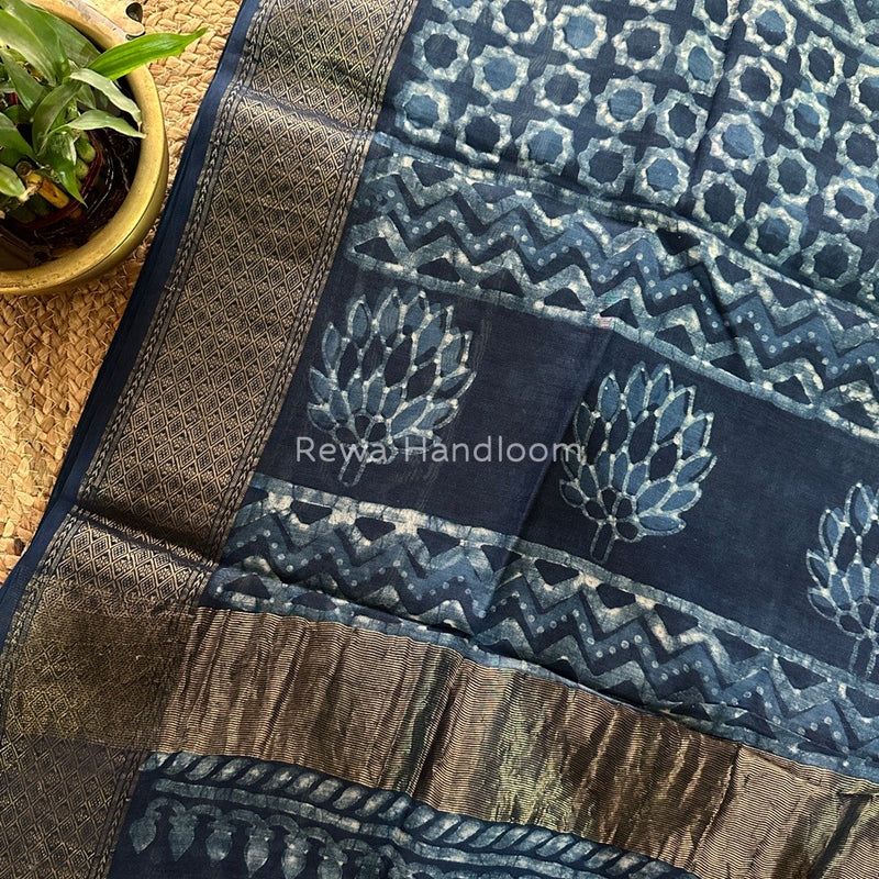 Blue Indigo Cotton Print Saree MIND07