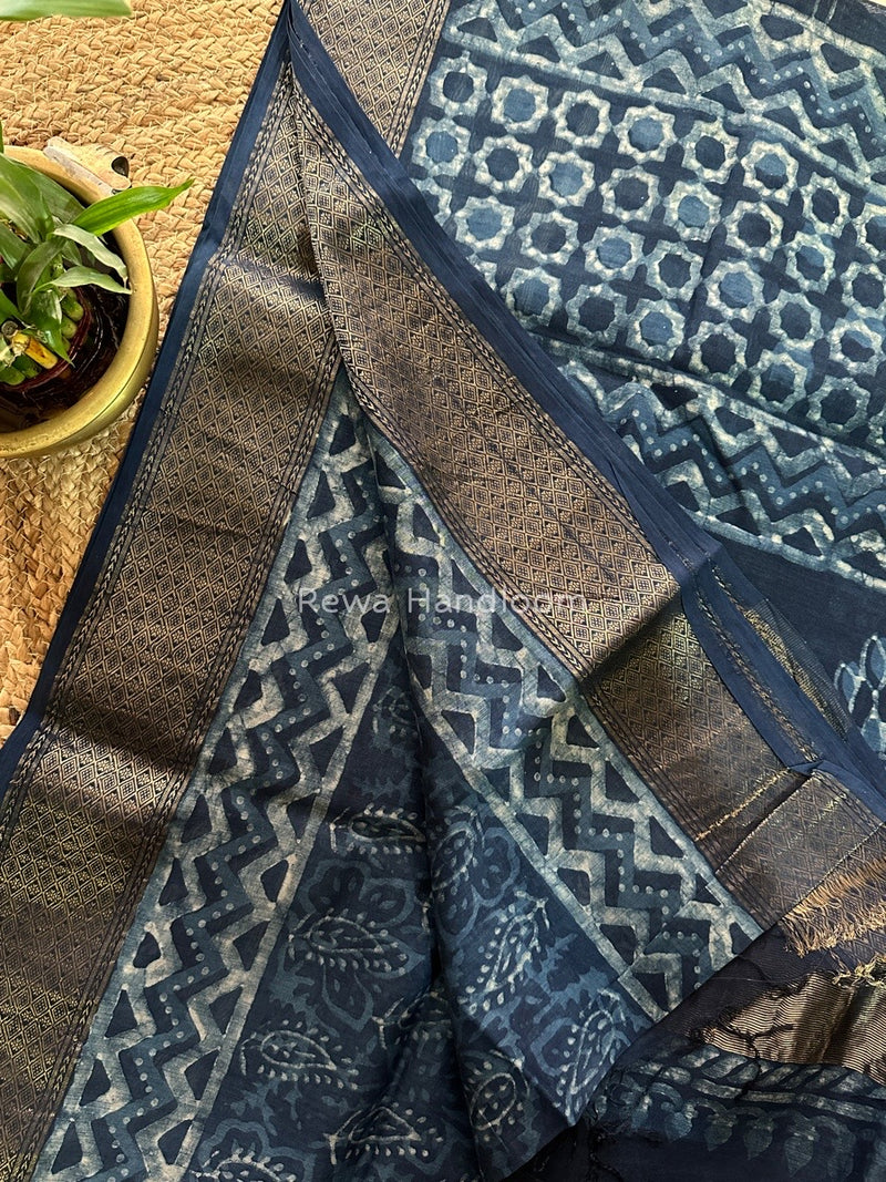 Blue Indigo Cotton Print Saree MIND07