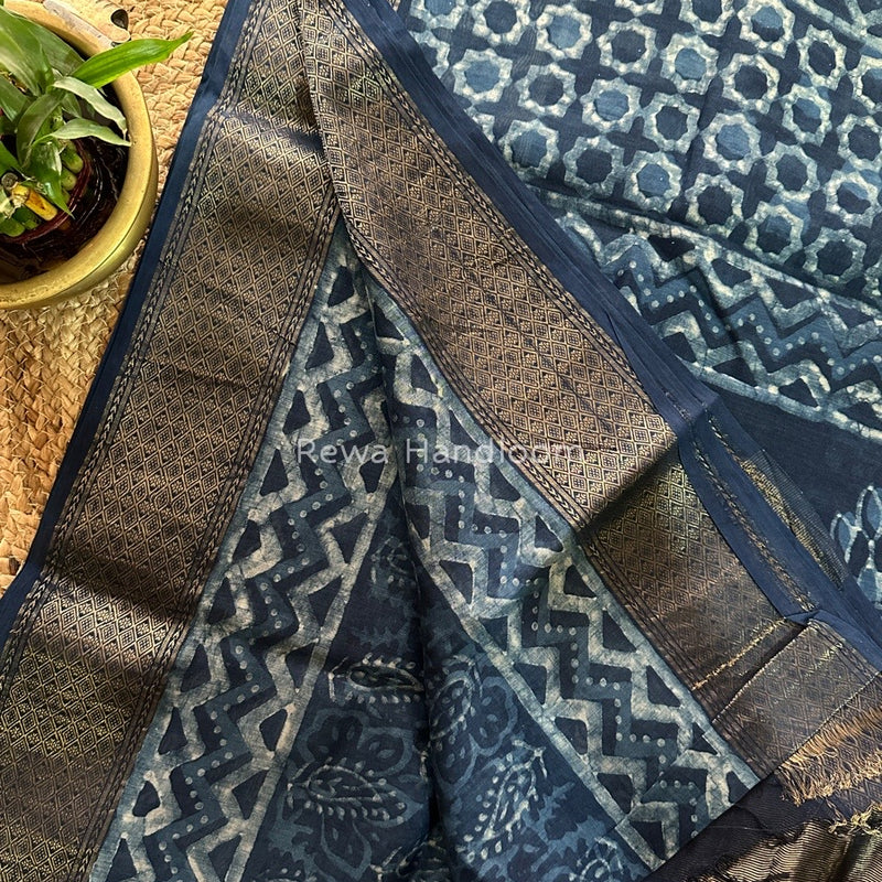Blue Indigo Cotton Print Saree MIND07
