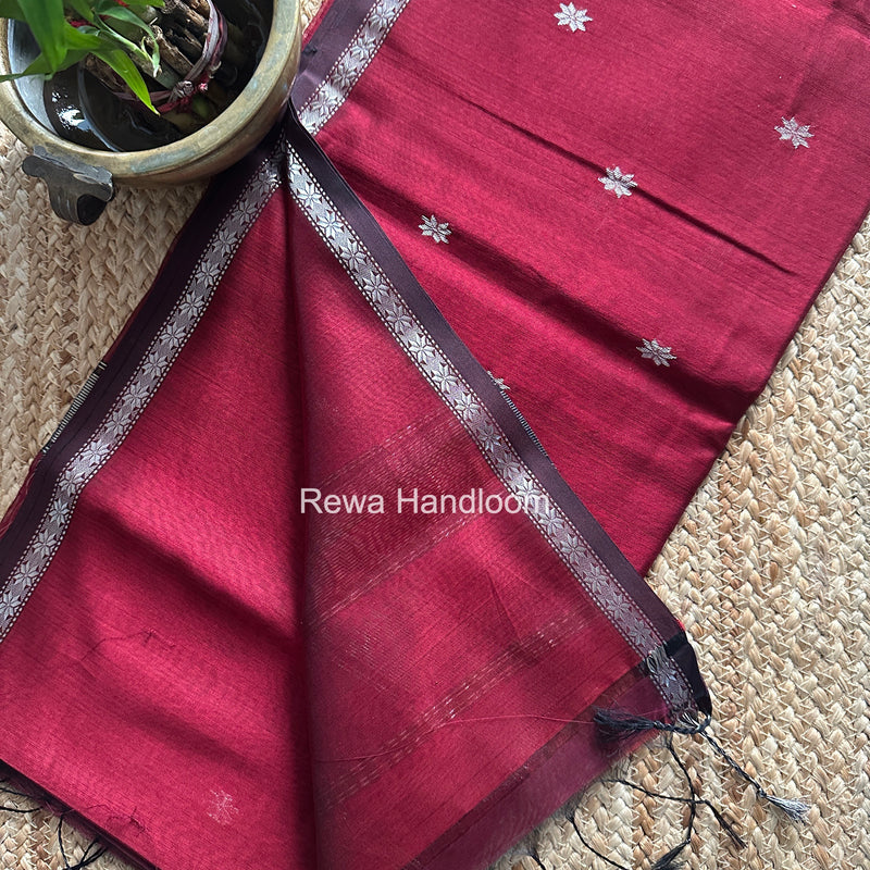 Maheshwari Maroon Silver Butti Saree BSS08