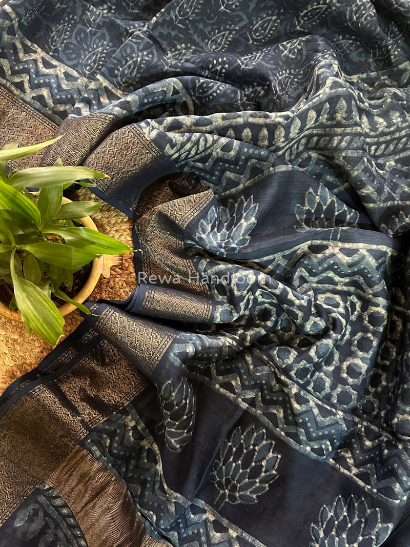 Blue Indigo Cotton Print Saree MIND07