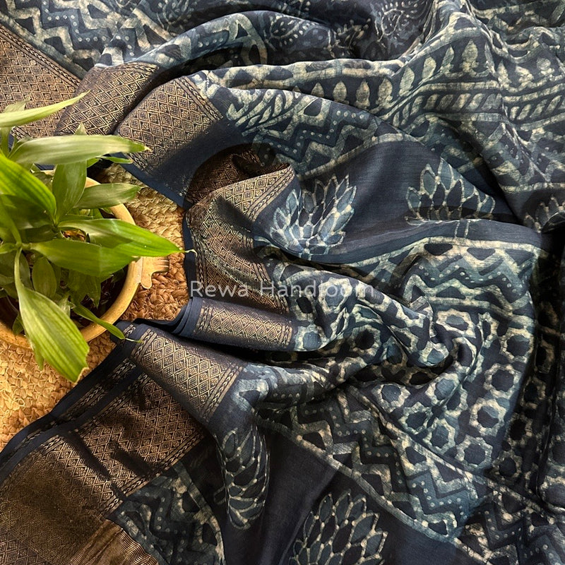 Blue Indigo Cotton Print Saree MIND07