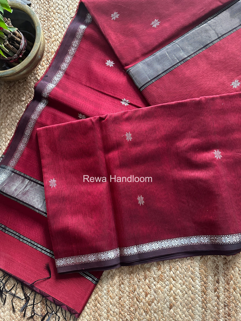 Maheshwari Maroon Silver Butti Saree BSS08