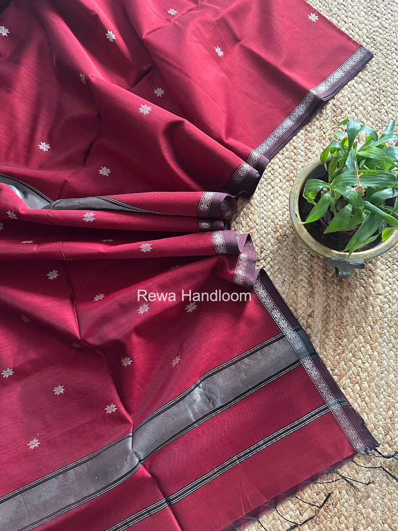 Maheshwari Maroon Silver Butti Saree BSS08