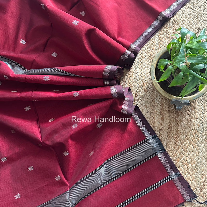 Maheshwari Maroon Silver Butti Saree BSS08