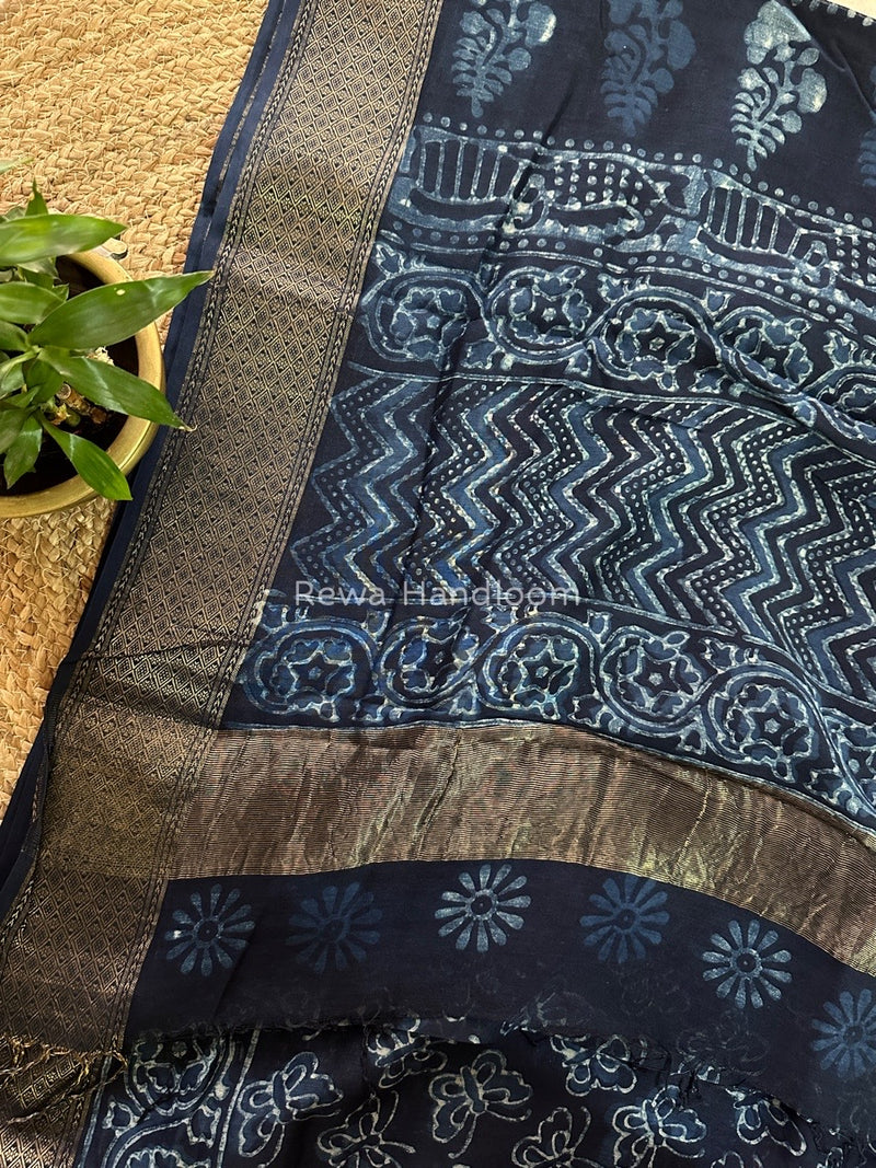 Blue Indigo Cotton Print Saree MIND08