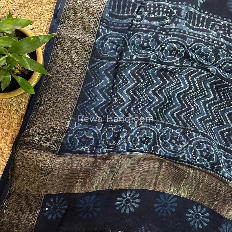 Blue Indigo Cotton Print Saree MIND08