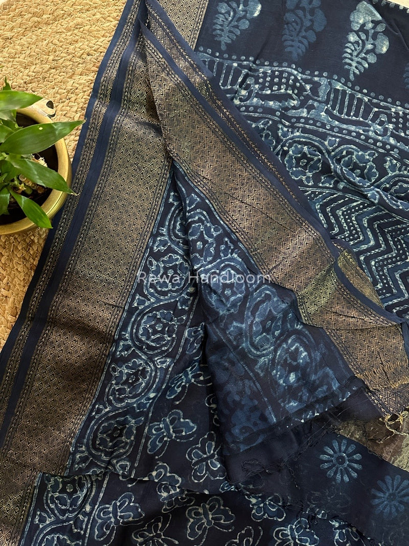 Blue Indigo Cotton Print Saree MIND08