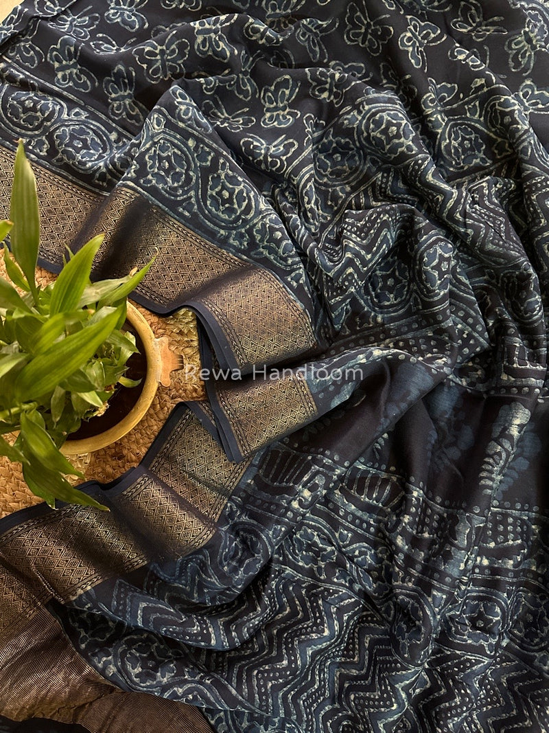Blue Indigo Cotton Print Saree MIND08