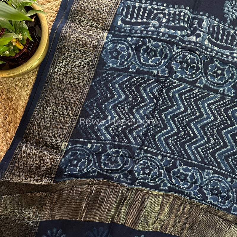 Blue Indigo Cotton Print Saree MIND06
