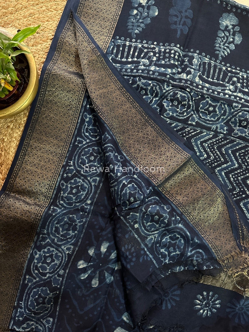 Blue Indigo Cotton Print Saree MIND06