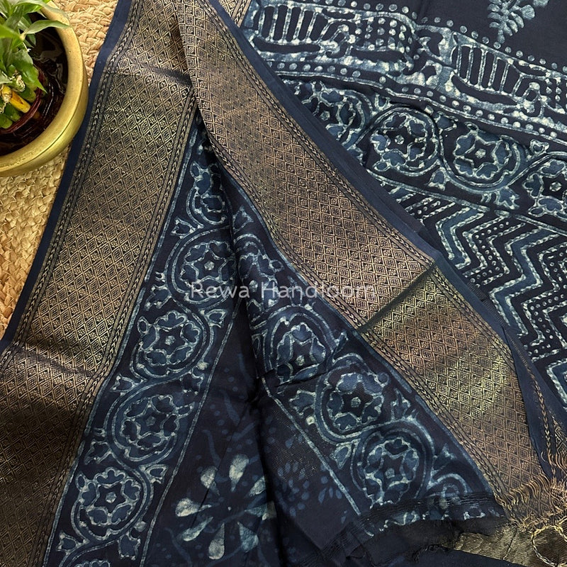 Blue Indigo Cotton Print Saree MIND06