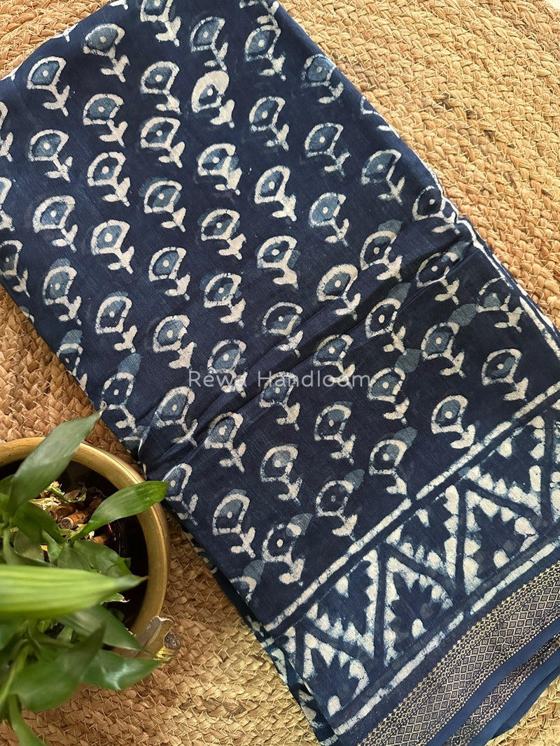 Blue Indigo Cotton Print Saree MIND05